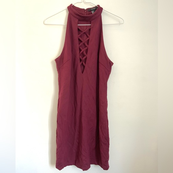Burgundy Laced Up Front Dress - Picture 1 of 5